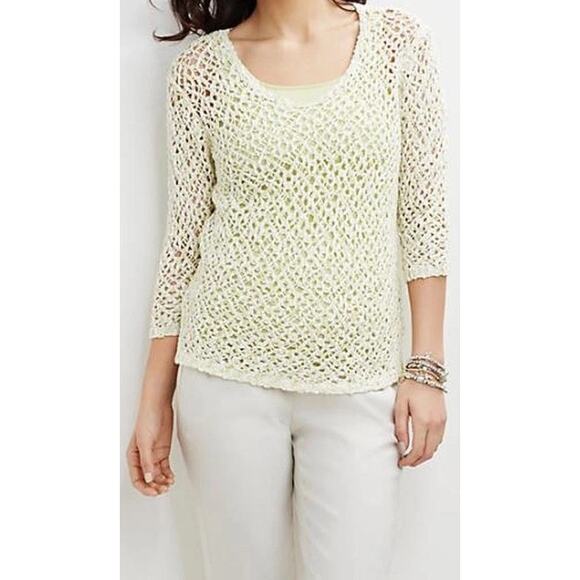 J. Jill Lemongrass Marled Yellow Open Stitch Crochet Chunky Knit Unlined Top - Picture 3 of 14